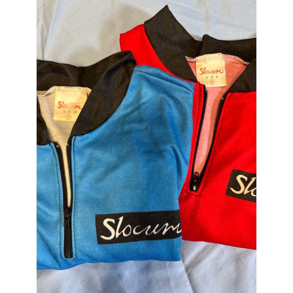 Pair of‎ Vintage Slocum USA Blue and Red 1/4 Zip Cycling Jersey Top Shirt Size S